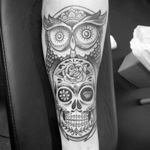 Black Ink Owl With Sugar Skull Tattoo Design For Girl Forearm By Ollie Wallace