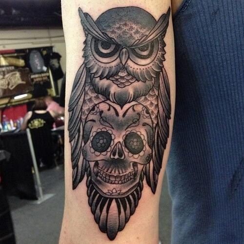 Black Ink Owl With Sugar Skull Tattoo Design For Sleeve