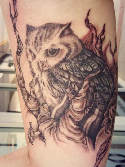 Black Ink Owl With Tree Tattoo On Left Half Sleeve