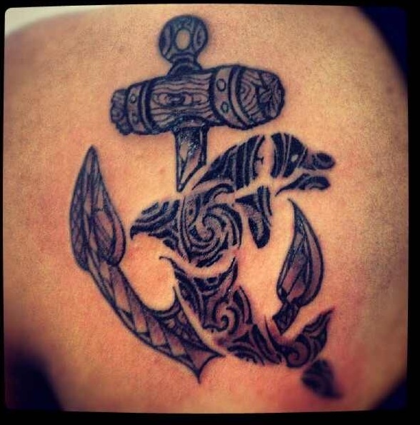 Black Ink Polynesian Anchor With Dolphin Tattoo On Left Back Shoulder