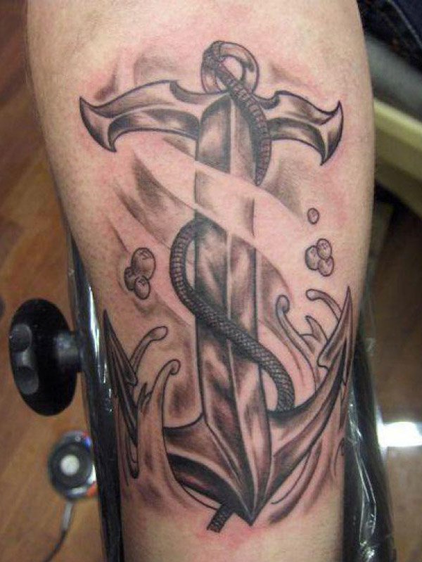 Black Ink Ripped Skin Anchor Cross Tattoo Design For Forearm