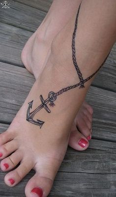 Black Ink Rosary Anchor Tattoo On Girl Right Ankle