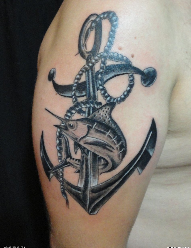 Black Ink Shark With Anchor Tattoo On Half Sleeve