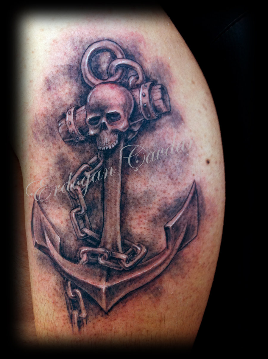 Black Ink Skull Anchor With Chain Tattoo Design For Leg Calf