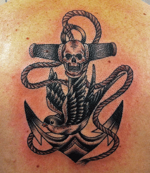 Black Ink Skull Anchor With Flying Bird Tattoo Design For Man