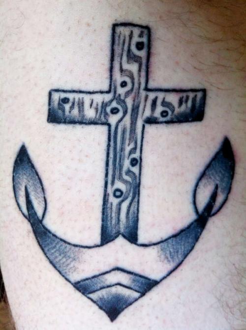 Black Ink Traditional Anchor Cross Tattoo Design