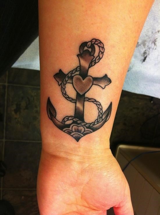 Black Ink Traditional Anchor Cross Tattoo On Wrist