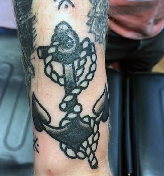 Black Ink Traditional Anchor Tattoo Design For Half Sleeve