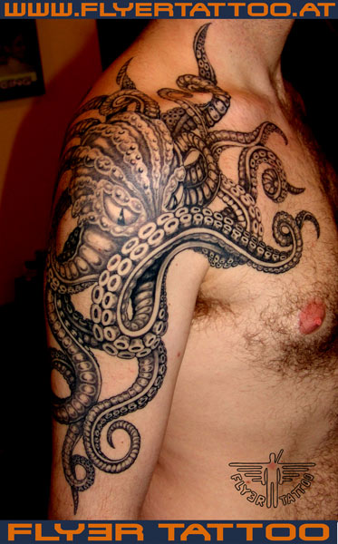 Black Ink Tribal Octopus Tattoo On Man Right Shoulder