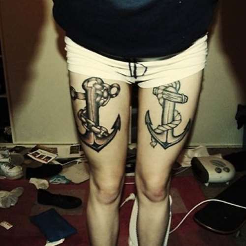 Black Ink Two Anchor Tattoo On Women Both Thigh