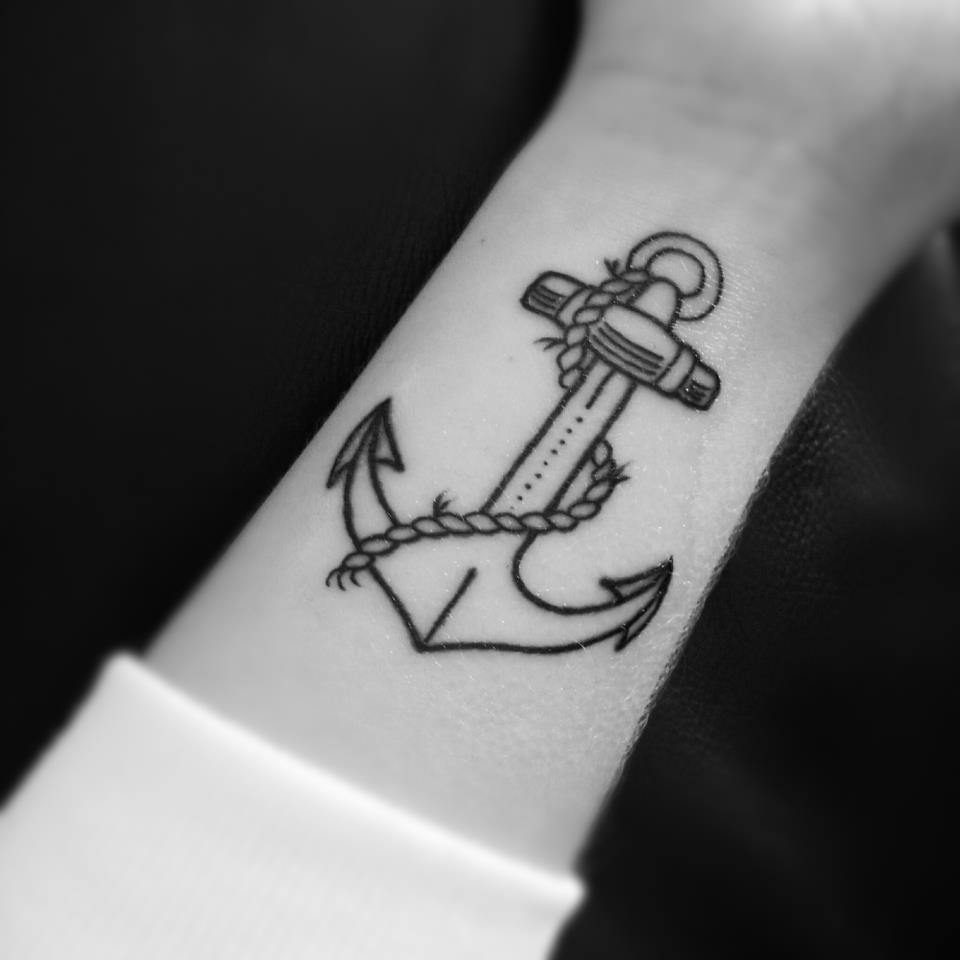 Black Outline Anchor Tattoo On Left Wrist