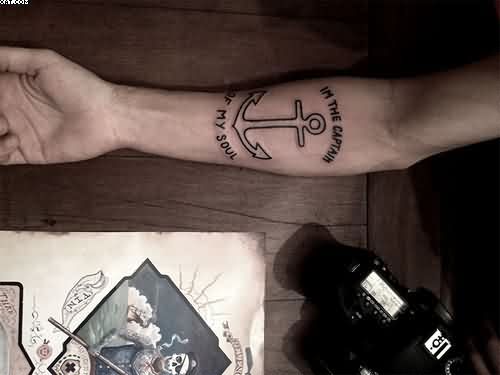 Black Outline Anchor Tattoo On Right Forearm