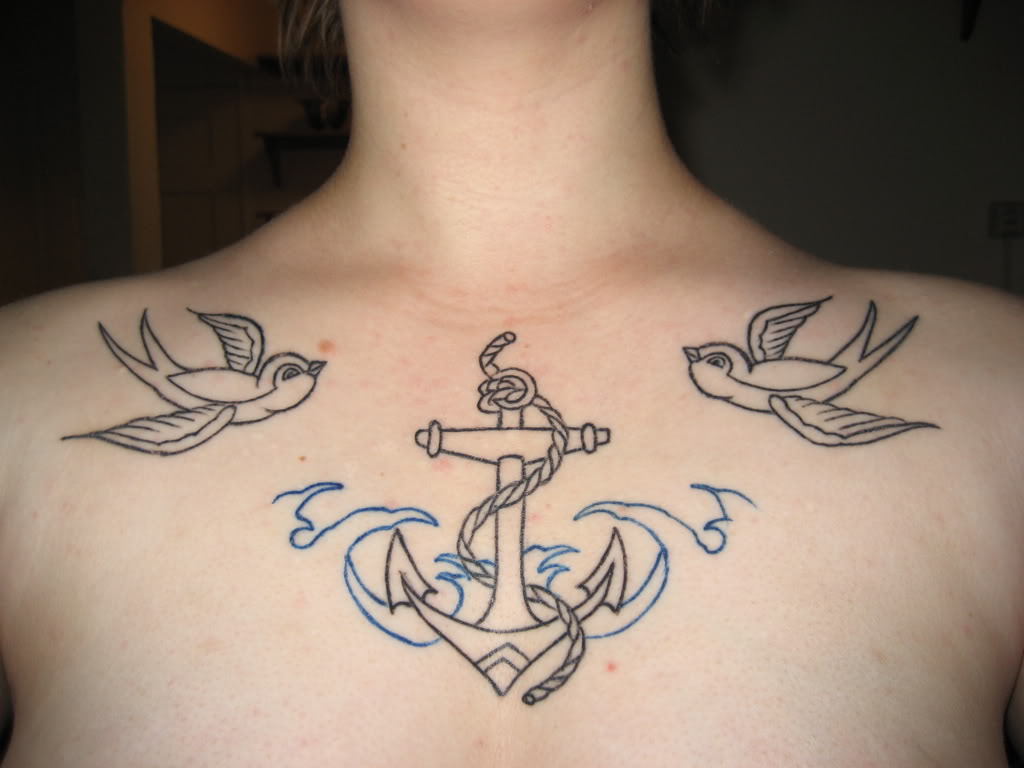 Black Outline Anchor With Flying Birds Tattoo On Chest