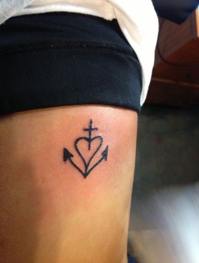 Black Outline Anchor With Heart And Cross Tattoo Design For Side Rib
