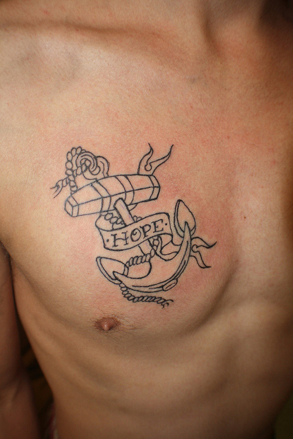 Black Outline Anchor With Hope Banner Tattoo On Man Right Chest