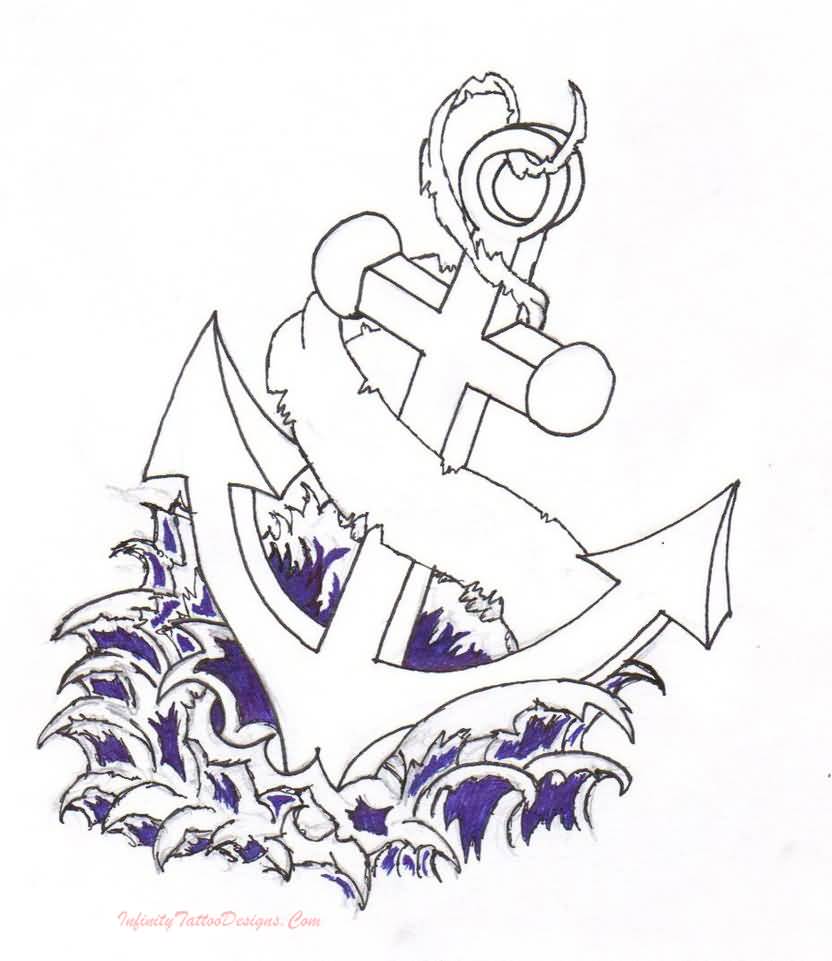 Black Outline Anchor With Ribbon Tattoo Design