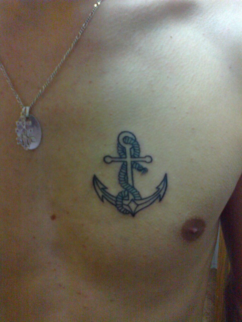 Black Outline Anchor With Rope Tattoo On Man Chest