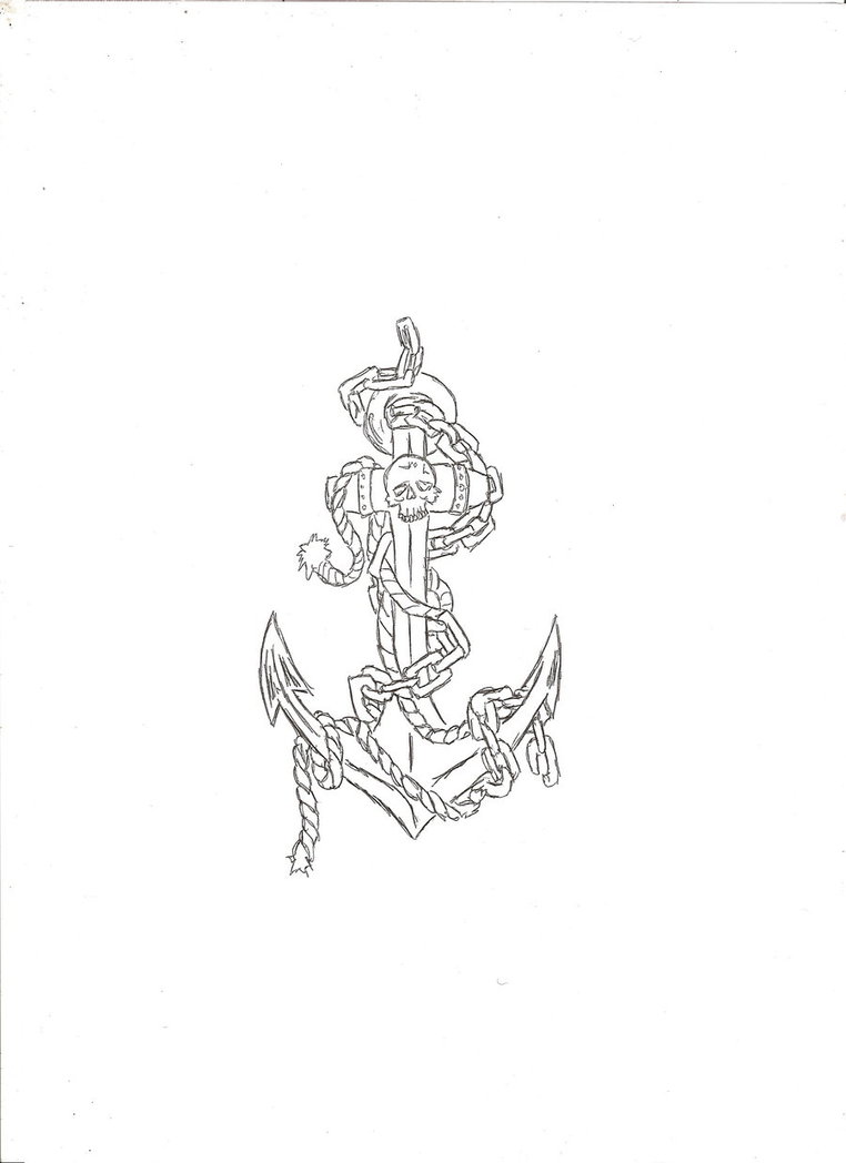 Black Outline Anchor With Rope And Chain Tattoo Design