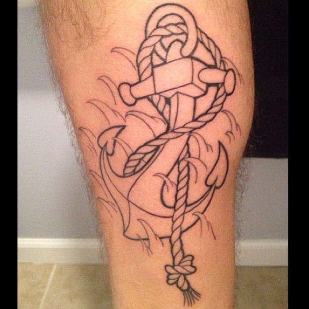 Black Outline Anchor With Rope Tattoo Design For Leg