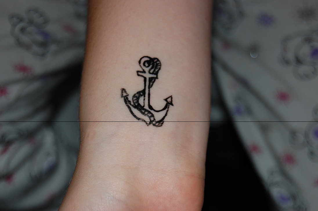 Black Outline Anchor With Rope Tattoo Design For Wrist