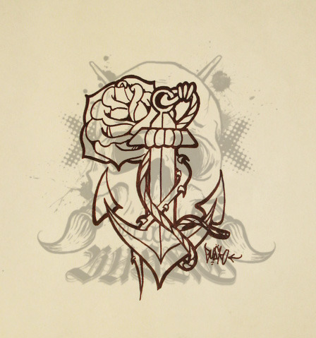 Black Outline Anchor With Rose Tattoo Design By busko661