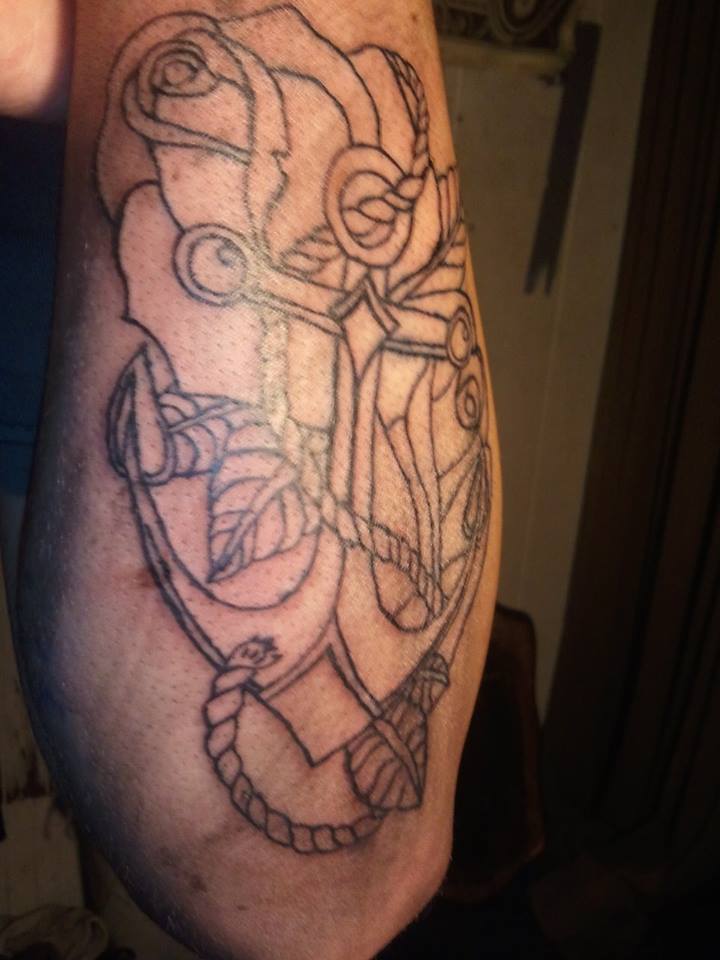 Black Outline Anchor With Rose Tattoo On Arm By Jared Chase