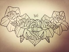 Black Outline Anchor With Roses Tattoo Design For Chest