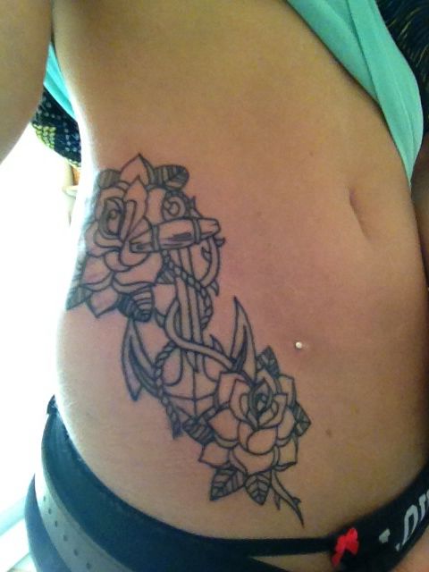 Black Outline Anchor With Roses Tattoo On Girl Right Hip