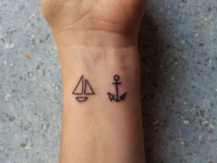 Black Outline Boat With Anchor Tattoo On Right Wrist