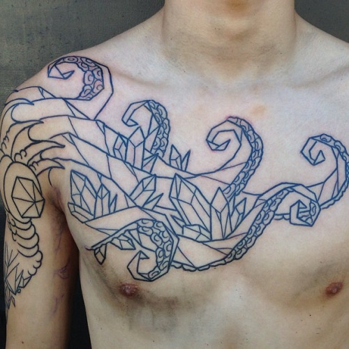 Black Outline Geometric Octopus Tattoo On Man Chest And Right Shoulder