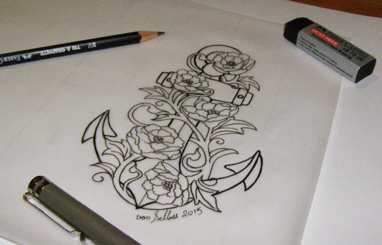 Black Outline Neo Anchor With Flowers Tattoo Design