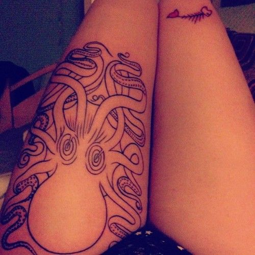 Black Outline Octopus Tattoo On Girl Left Upper Leg