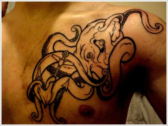 Black Outline Octopus Tattoo On Man Left Front Shoulder