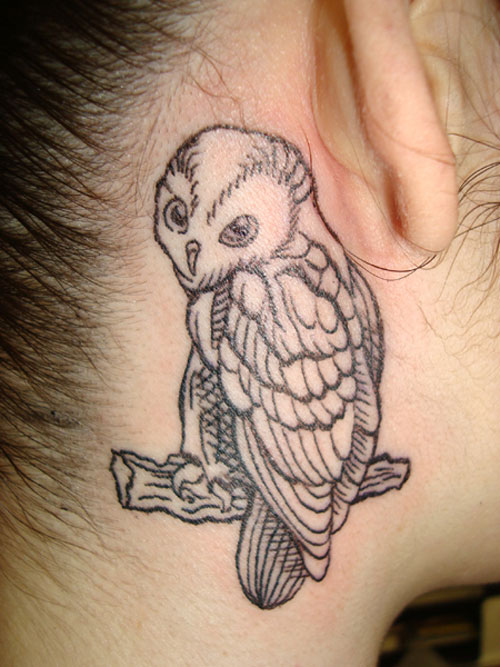 Black Outline Owl Tattoo On Girl Right Behind The Ear