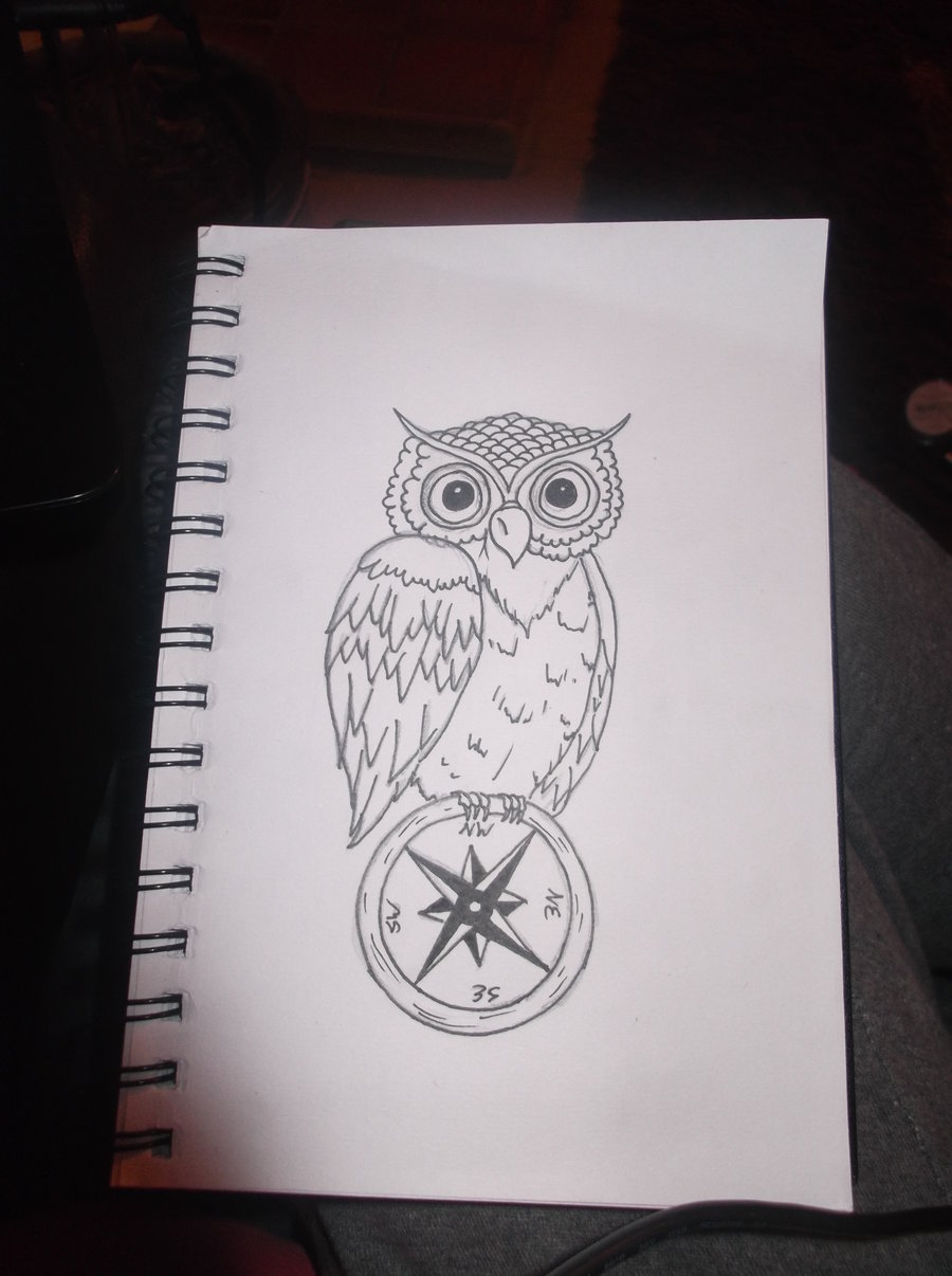 Black Outline Owl With Compass Tattoo Design By GeorgiaMaeee