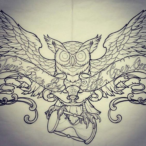 Black Outline Owl With Hourglass And Banner Tattoo Design