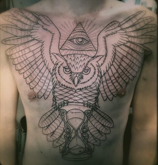 Black Outline Owl With Hourglass And Illuminati Eye Tattoo On Man Chest