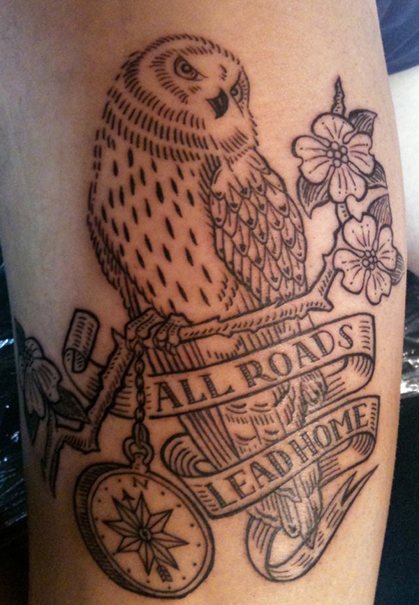 Black Outline Owl With Pocket Watch And Banner Tattoo Design