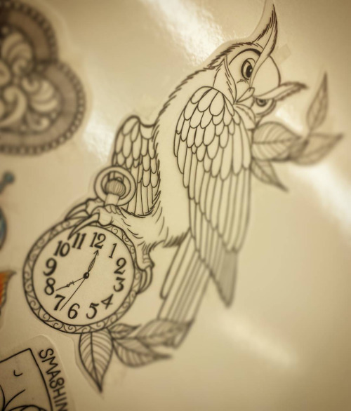 Black Outline Owl With Pocket Watch Tattoo Design