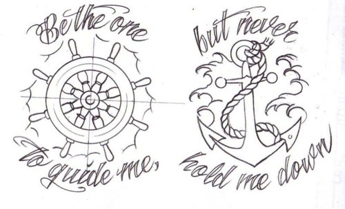 Black Outline Ship Wheel And Anchor Tattoo Stencil