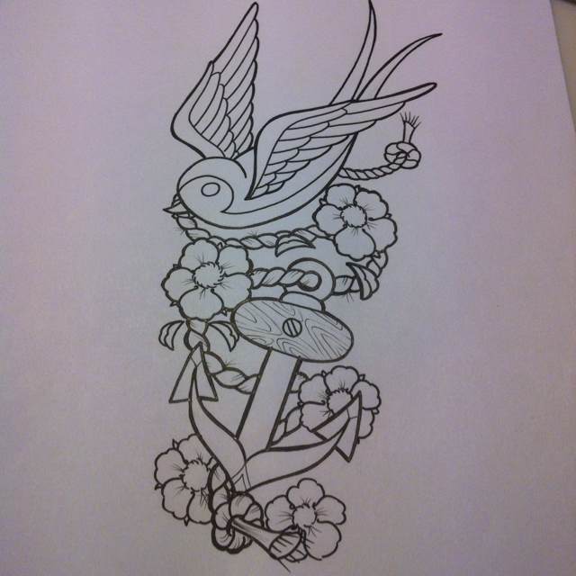 Black Outline Traditional Anchor With Flowers And Flying Bird Tattoo Stencil