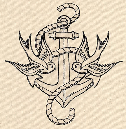 Black Outline Traditional Anchor With Flying Birds Tattoo Design