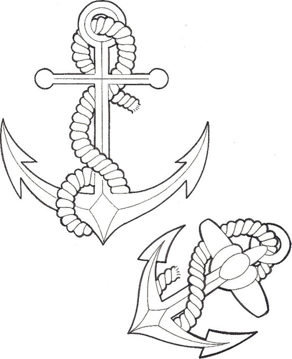 Black Outline Two Anchor With Rope Tattoo Design