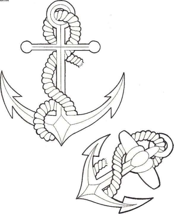 Black Outline Two Anchor With Rope Tattoo Stencil