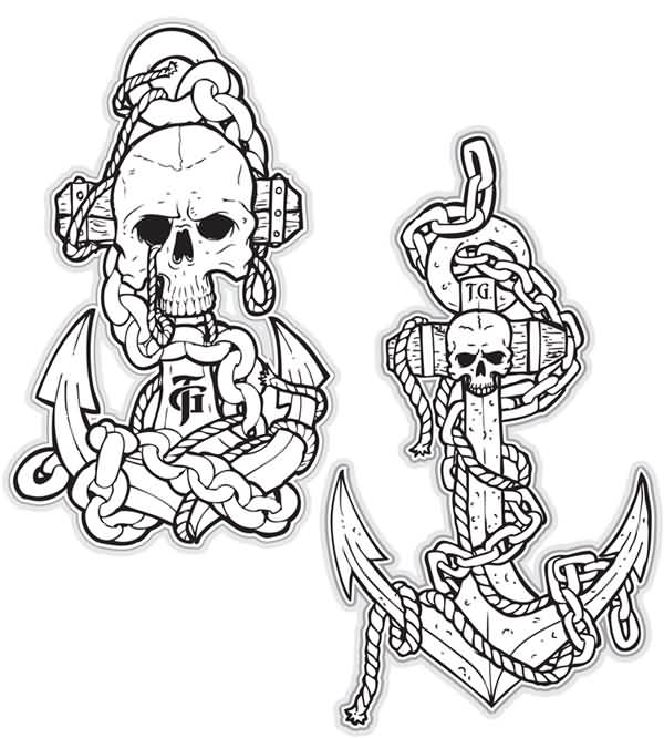 Black Outline Two Skull Anchor Tattoo Design