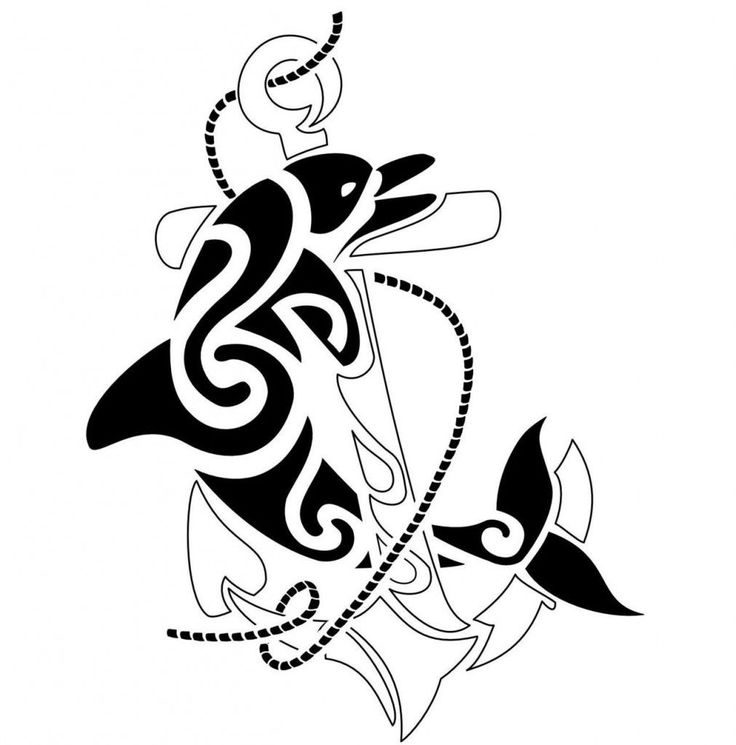 Black Tribal Anchor With Dolphin Tattoo Stencil