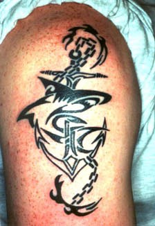 Black Tribal Anchor With Shark Tattoo On Right Shoulder