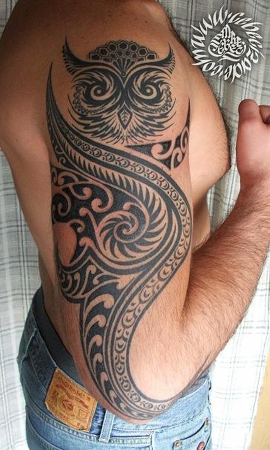 Black Tribal Owl Tattoo On Man Right Half Sleeve