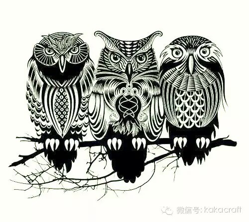 Black Tribal Three Owl On Branch Tattoo Design