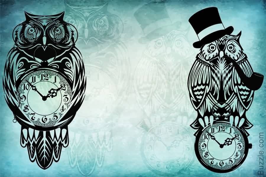 Black Tribal Two Owl With Clock Tattoo Design